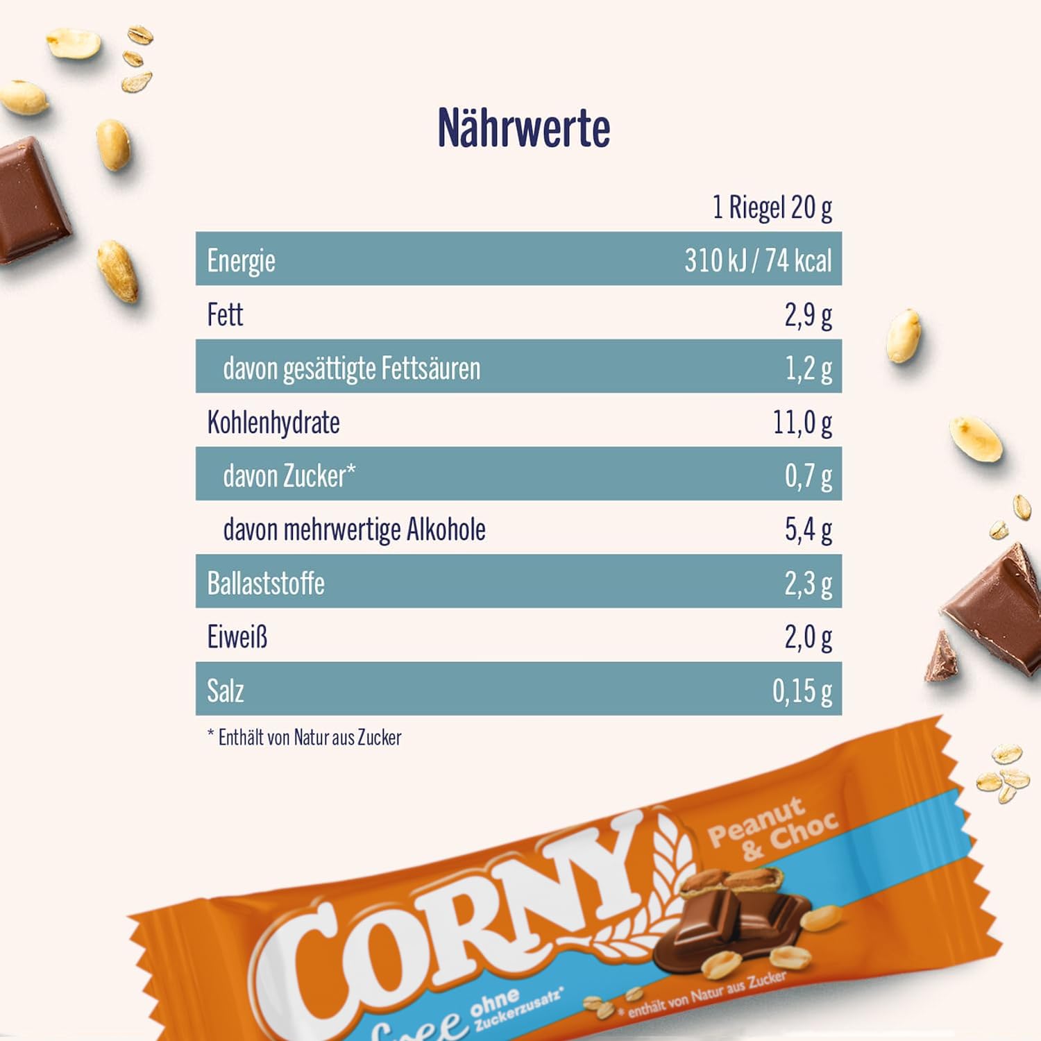 Müsliriegel Corny Free Erdnuss-Schoko | Ohne Zuckerzusatz | 74 kcal | 60 x 20 g