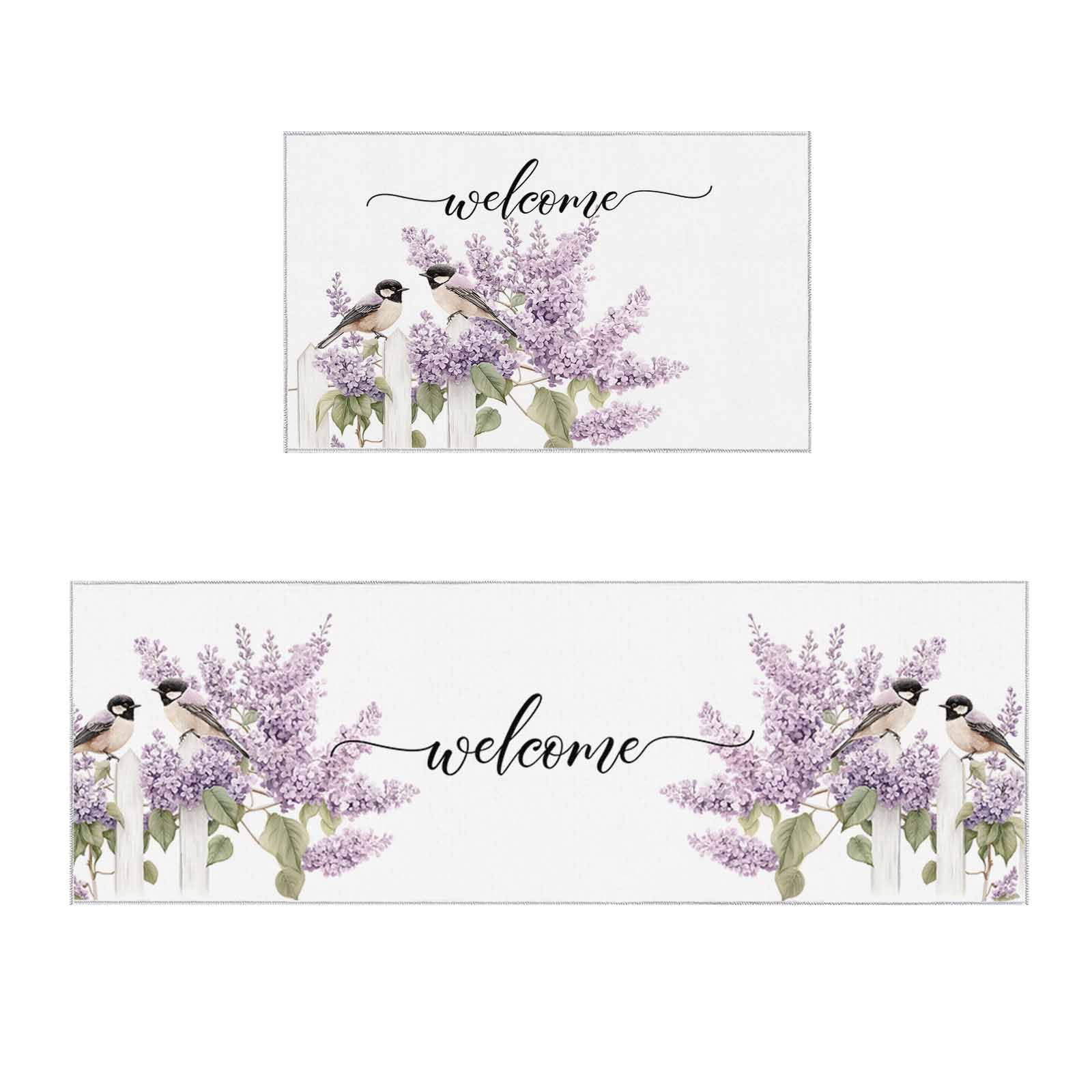 2 Pieces Kitchen Rugs and Mats,Watercolor Bird Lavender Wood Area Runner Rug Set Non Slip Floor Doormat Washable Carpet Standing Mat for Kitchen Sink Indoor Corridor,Rustic Farmhouse Landscape