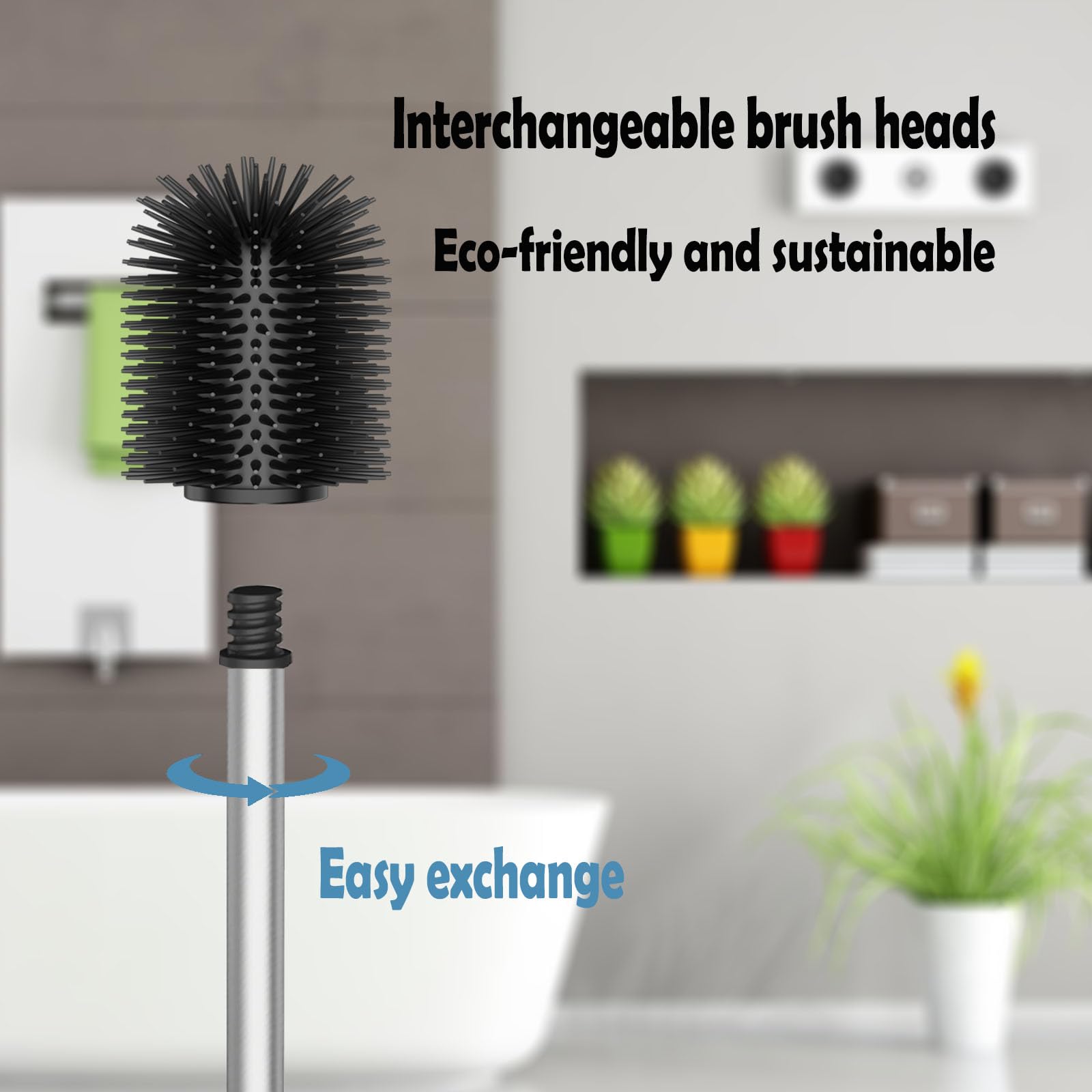 WAVEWO Silicone Toilet Brush with 2 Brush Heads, 7 cm Diameter Toilet Brush Made of 304 Stainless Steel for Bathroom Cleaning (Silver) - Image 4