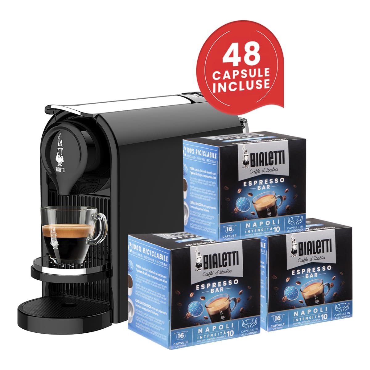 Bialetti Gioia Plus, aluminiowa ekspres do kawy do kapsułek, w zestawie 48 kapsułek, czarny
