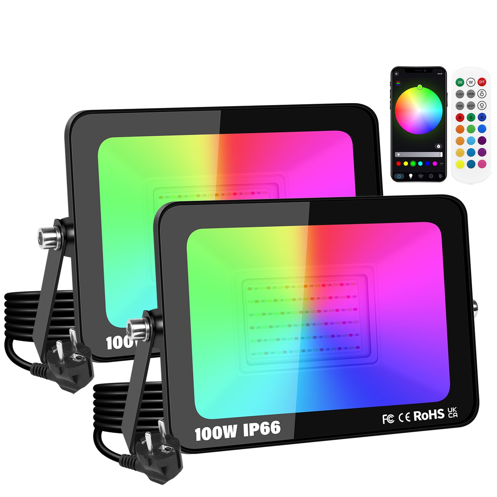 2Pcs 100W Intelligent Projecteur LED RGB extérieur avec prise | 10000LM, réglable, 16 millions de couleurs, application et télécommande, étanchéité IP66, pour jardin, cour, aménagement