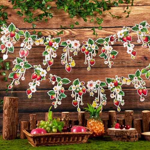 Image of Strawberry Garland Banner Berry First Birthday Decor Strawberry Wildflower for Spring Enchanted Garden Party Strawberry Theme Birthday Decoration for Girl Sweet Baby Shower Spring Garden Tea Party(8.2ft)