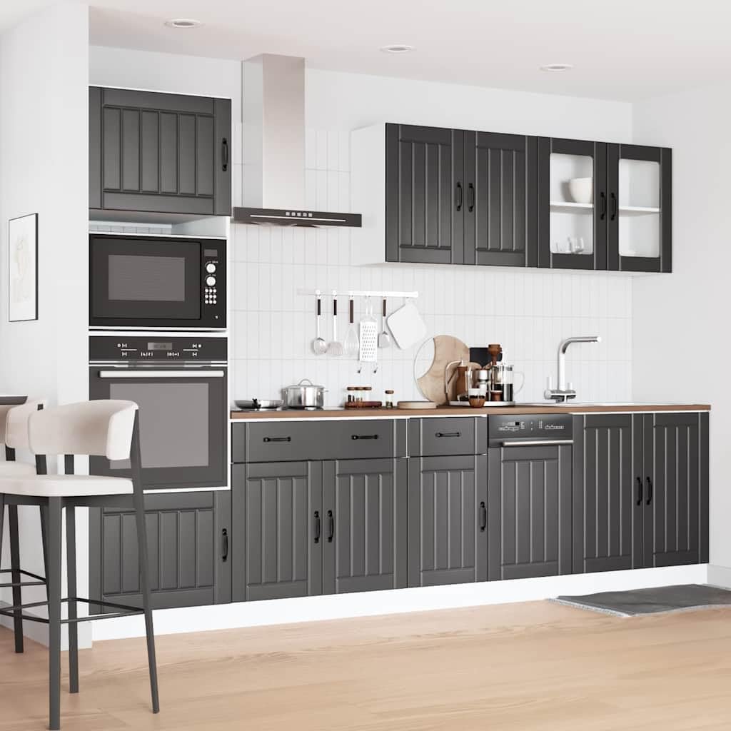 Set di 7 mobili da cucina Kalmar in legno nero con pensile, mobiletto inferiore e dispensa, piano di lavoro e piedini regolabili per risparmiare spazio