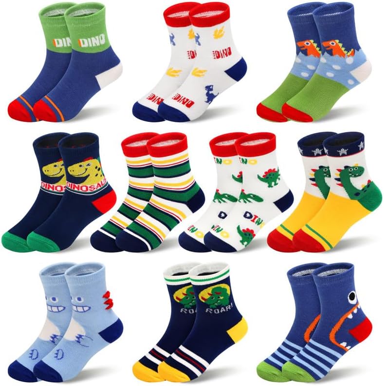 Padgene 10 Pairs Kids Boys Fun Novelty Socks Toddler None Slip Cotton Crew Dress Socks Cartoon Dinosaur Car Shark Stripes - Image 6