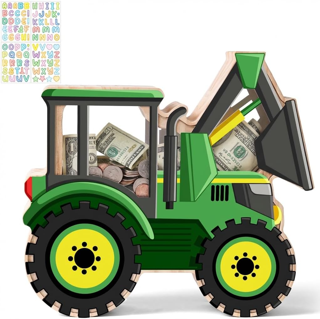 Wooden Tractor Piggy Bank for Kids, Tractor Money Box for Boys, Unbreakable Toddler Farm Vehicle Saving Jar, Educational Toys for Boys Girls, Kids Bank with Sticker for Birthday Easter Gifts