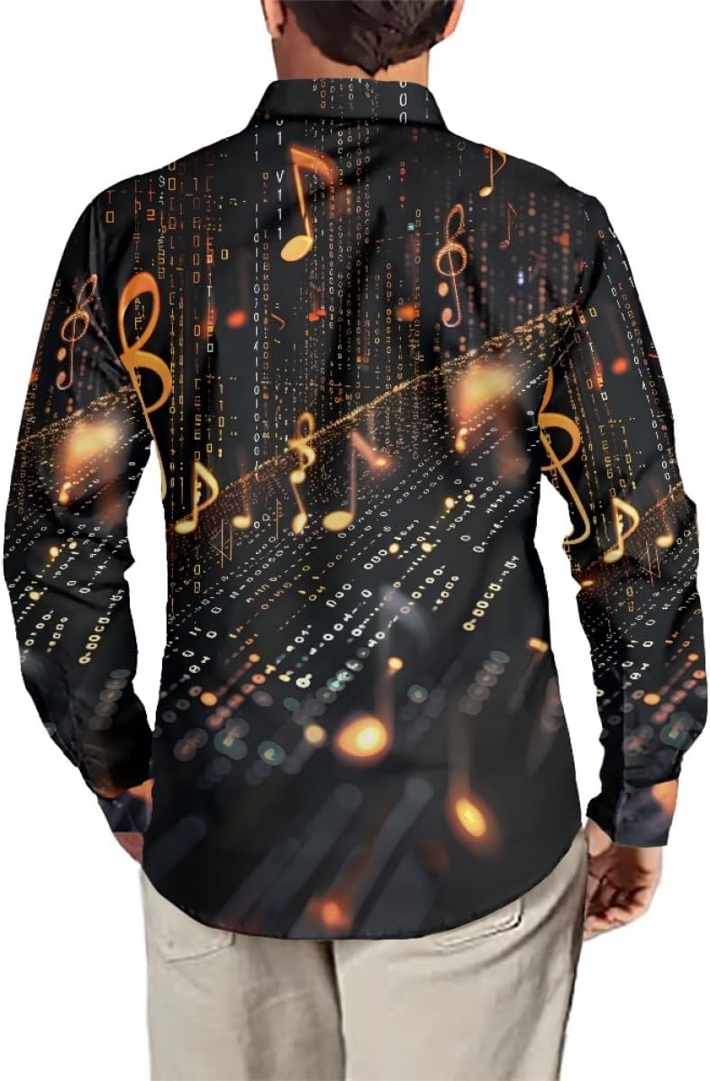 GLUDEAR Mens Novelty Music Notes Art Print Long Sleeve Hawaiian Slim Fit Button Down Shirts