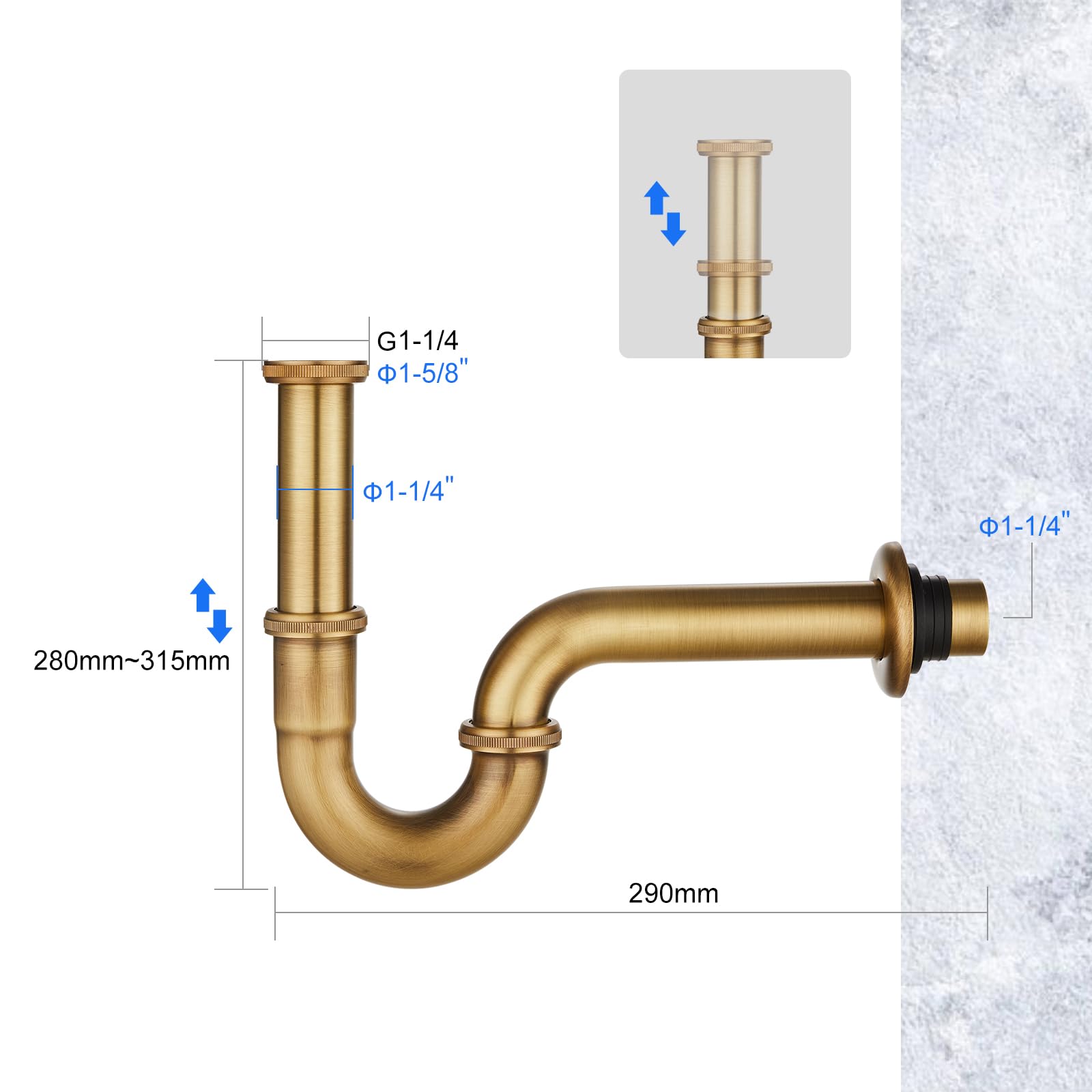 sifone a P in acciaio inossidabile 1 1/4" x 32mm universale per lavandino e lavabo del bagno, altezza regolabile, blocca i cattivi odori, finitura ottone antico spazzolato
