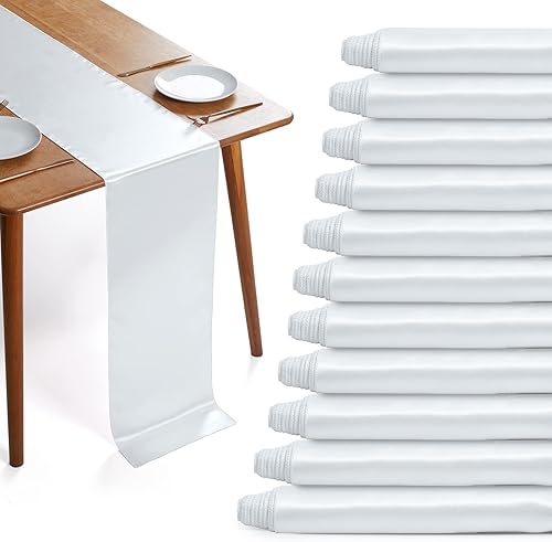 Paquete de 12 caminos de mesa de satén blanco, camino de mesa sedoso de 13 x 72 pulgadas, decoración de camino de mesa de lujo para cumpleaños,