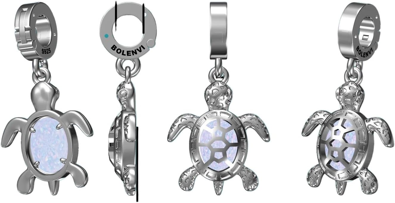 Sea Turtle Opal Inlay Pendant Charm, 925 Sterling Silver Charms - Compatible with Pandora Charm Bracelets, Necklaces, and DIY Jewelry Making