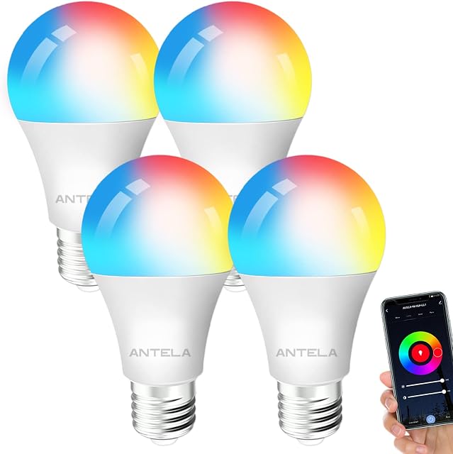 ANTELA Smart Bulb E27 Alexa WiFi Light Bulbs, 10W LED Screw Bulb, 2700K-6500K RGB Multicolored Dimmable, Smart Life App Control, Compatible with Alexa, Google Home, No Hub Required, 4 Packs