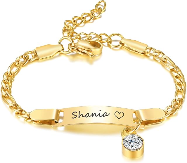 FLHEART Custom Birthstone Child Bracelet : Gold Plated Stainless Steel Personalised Name Bar Name ID Bracelet for Children Toddler Girls from Mom Grandma, Birthstone Jewellery Gift, Nickel Free