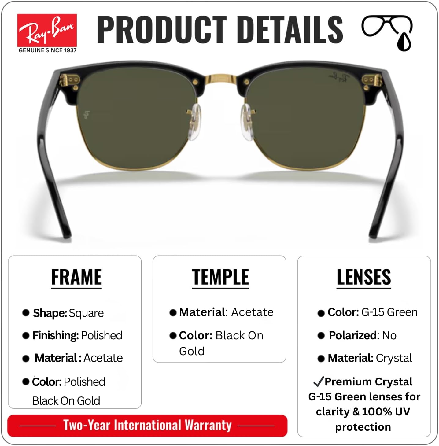 Ray-Ban RB3016 CLUBMASTER CLASSIC Square Shaped Sunglasses for Men & Women with Official RAYBAN Eyewear Kit