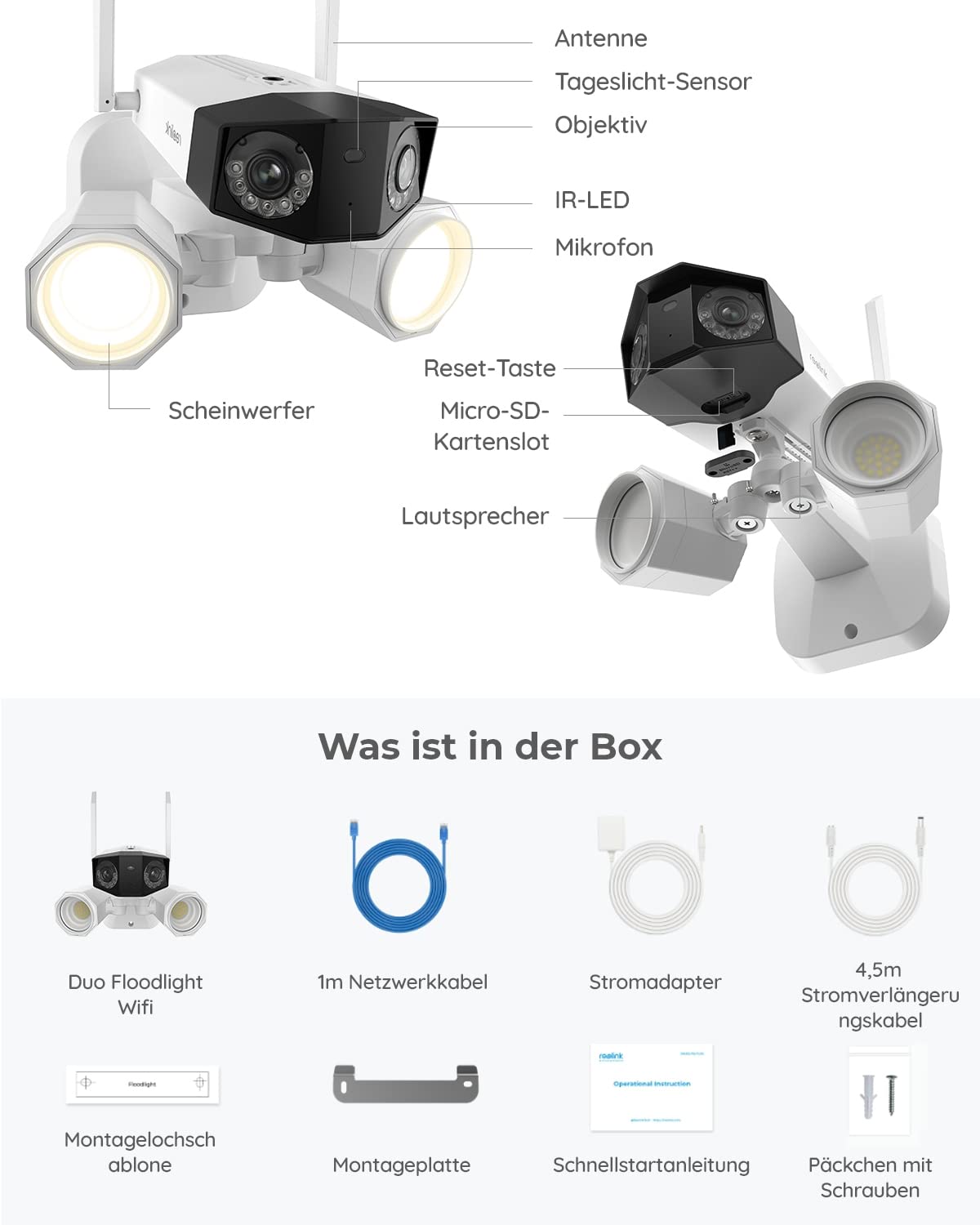 Reolink 4K Floodlight Überwachungskamera, 180° Weitwinkel, 2,4/5 GHz WLAN | Kamera Outdoor mit Smarte Beleuchtung, Personen-/Fahrzeug-/Tiererkennung, IP67, Wired Außenkamera, Duo Floodlight WiFi