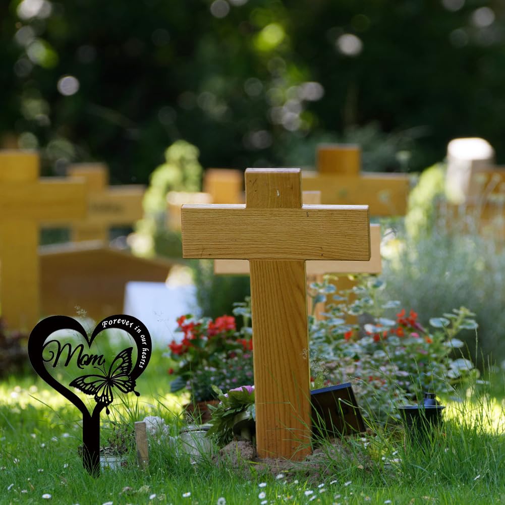 EQLEF Graveside Memorial Stakes for Mom Memorial Plaque Stake in Heart Shape with Butterfly Durable Metal Grave Marker Black Cemetery Memorial Plaque Grave Ornaments Mum - Image 3