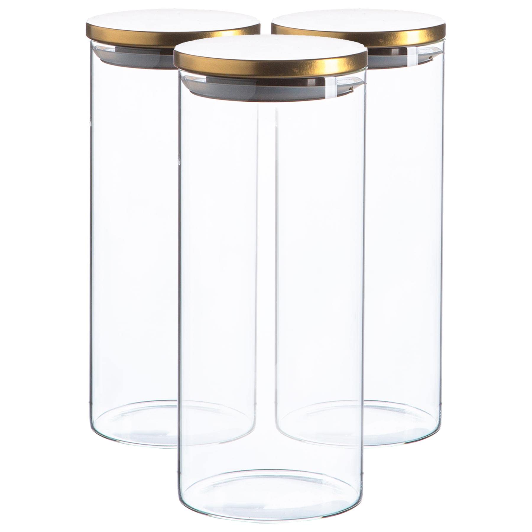 Argon Tableware Gold Scandi Storage Jars With Metallic Lids - 1500Ml - 3 Pack - Modern Round Organisation Container Glass Jar For Kitchens, Pantry, Bathrooms, Utility Rooms