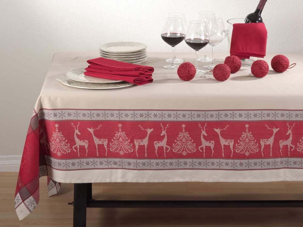 Northern Reindeer Holiday Design Jacquard Tablecloth, Red/taupe, 72-inch Square, One Piece