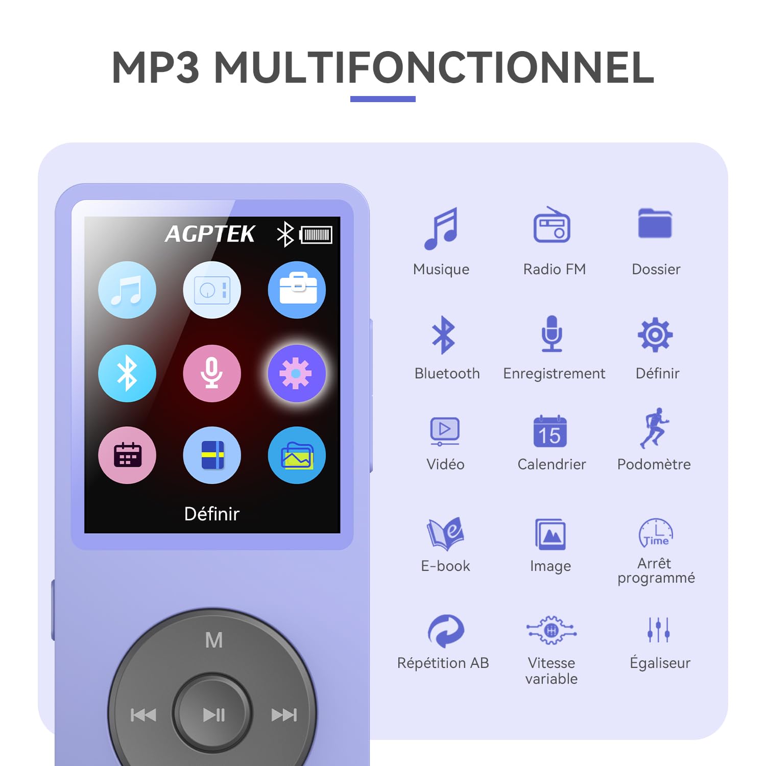 AGPTEK Lecteur MP3 Bluetooth 5.3 32Go, Baladeur MP3 Numérique pour Enfants