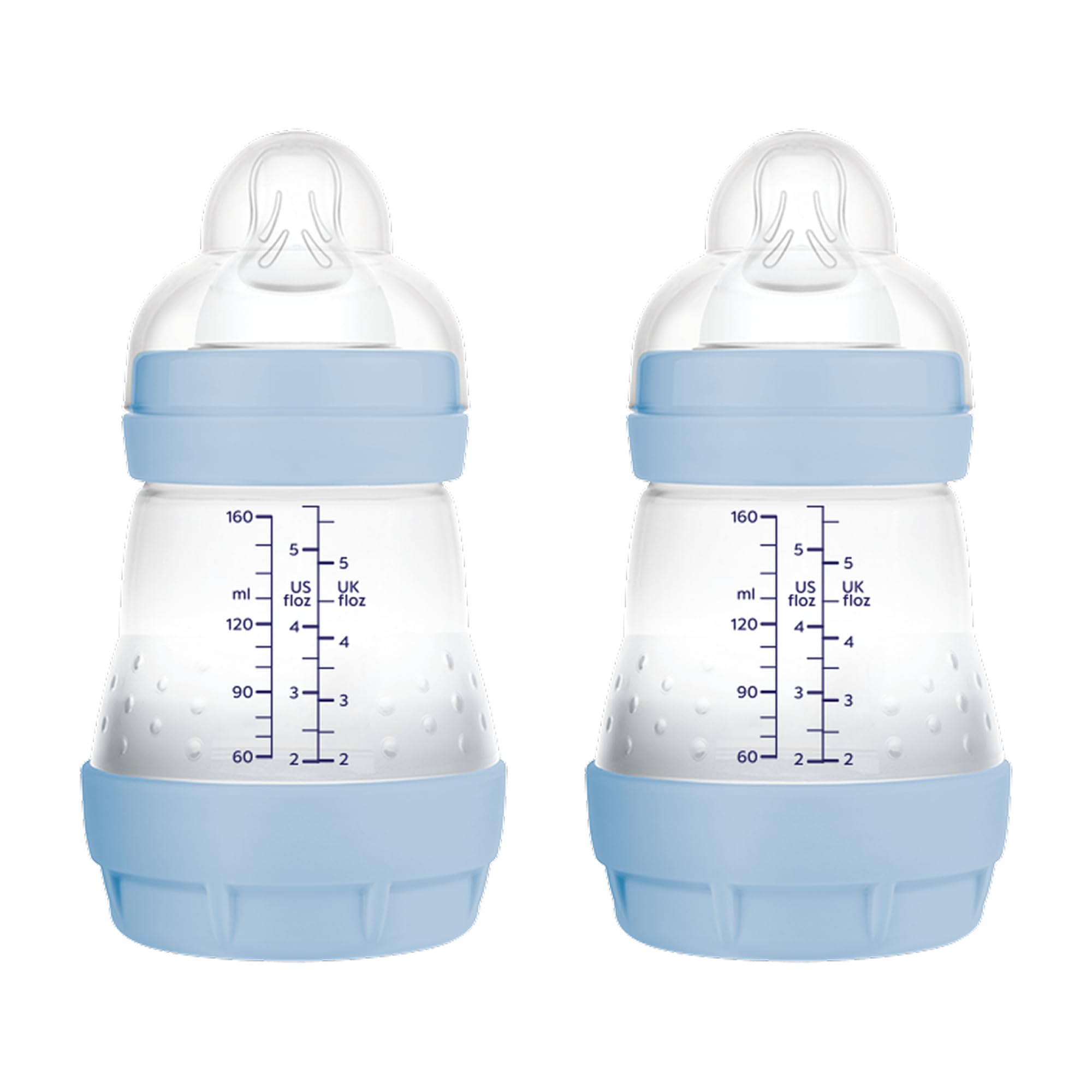 MAM Pack 2 Biberones Anticólicos, Recién Nacido, 0-2 Meses, 160ml, con Tetina 1 Flujo Lento de Fácil Aceptación, Autoesterilizable y Fácil de Limpiar, MAM Easy Start Anti-Colic, Azul Mate, 2uds