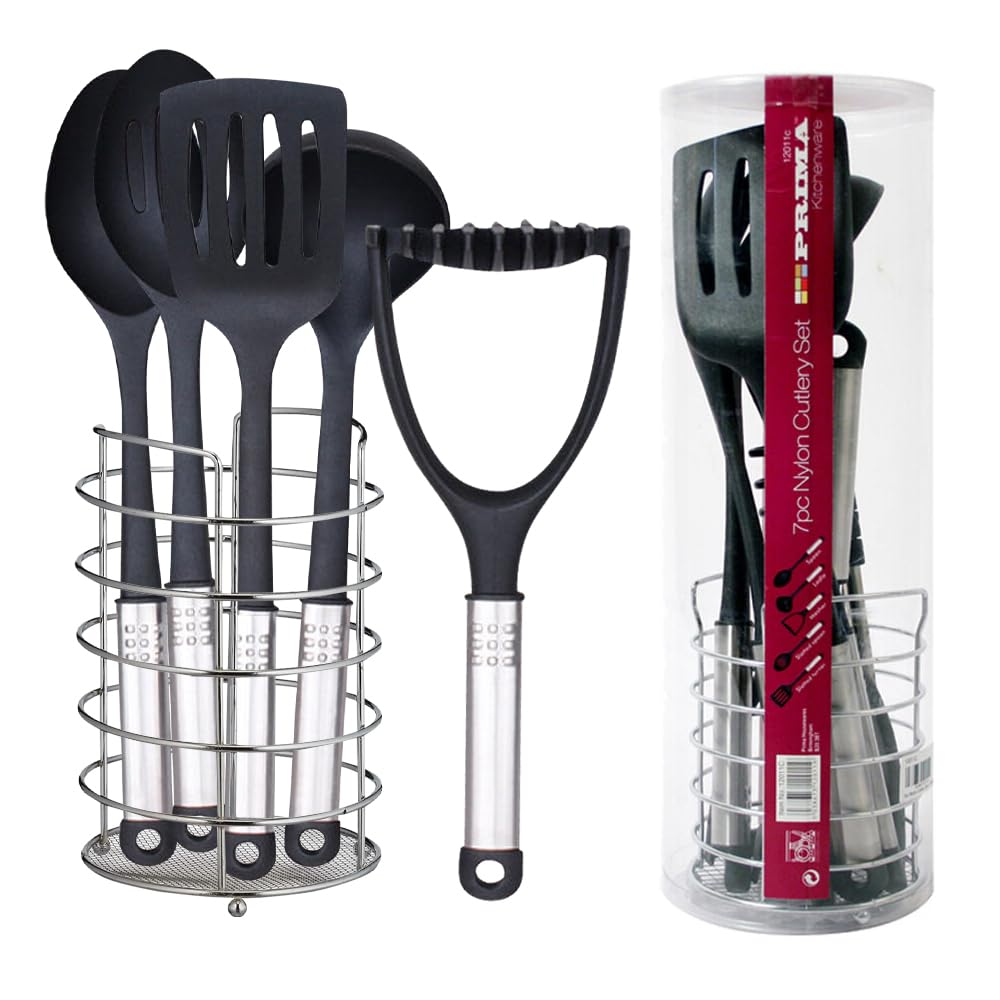 7Pc Nylon Kitchen Utensil Set - Chrome Handles Cooking Tool, Camping Food Gadgets | Kitchenware Hand Tools, Multi Purpose Cutlery, Serving | with Utensils Holder Stand