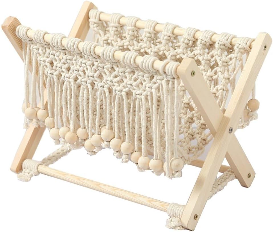 Boho Home Decor Tassel Wooden Beads Woven Storage Standing Basket for Books, Mail, Newspapers,32cm x 19cm x 25cm