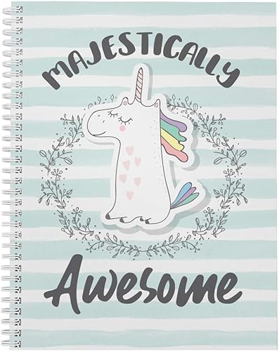 Softcover Majestically Awesome - Cuaderno con espiral de unicornio de 8.5 x 11 pulgadas, 120 páginas con rayas anchas, cubierta laminada brillante