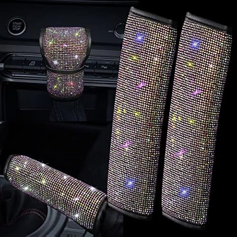 SPANICE Bling Bling Auto Crystal Rhinestone Diamond Seat Belt Cover & Handbrake Cover & Shift Gear Cushion Luster Crystal Diamond Car Decor Accessories (Colourful-4 Pcs) Cover
