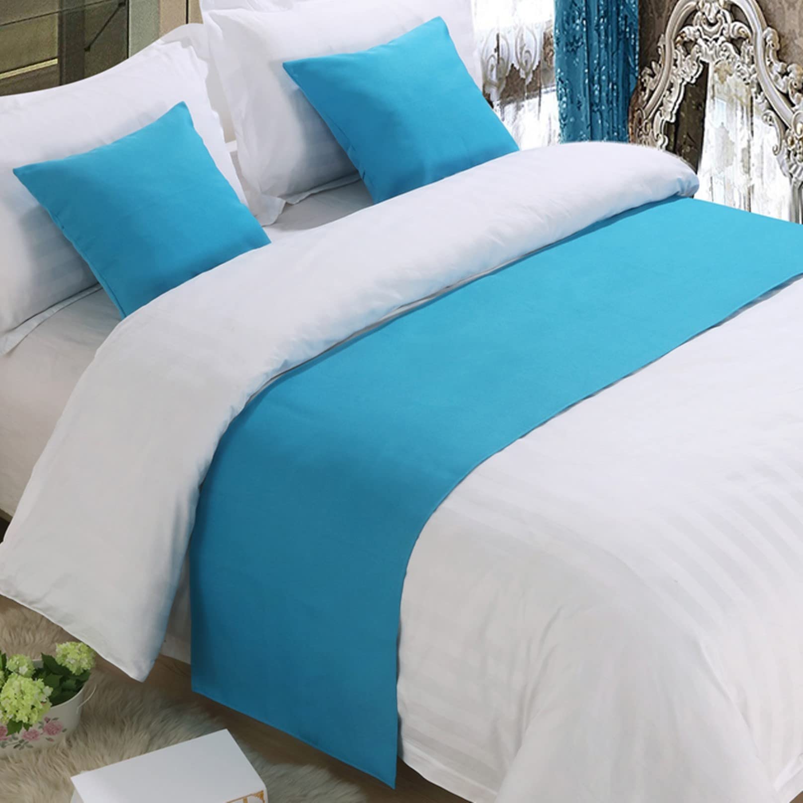 Bed Runner for Foot of Bed Bed Linen Bedspread Solid End Towel Cover Bedding Protection Bed Scarf for Hotel Bedroom Decor, Blue 50 * 240cm — image 1