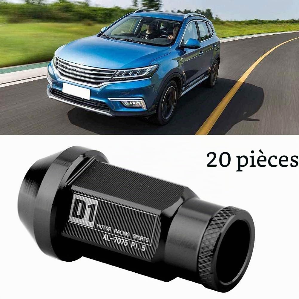 KIMISS Vis de pneu de voiture en aluminium, écrous de roue 20Pcs écrou de roue de course sécurisé M12X1.5 (noir)