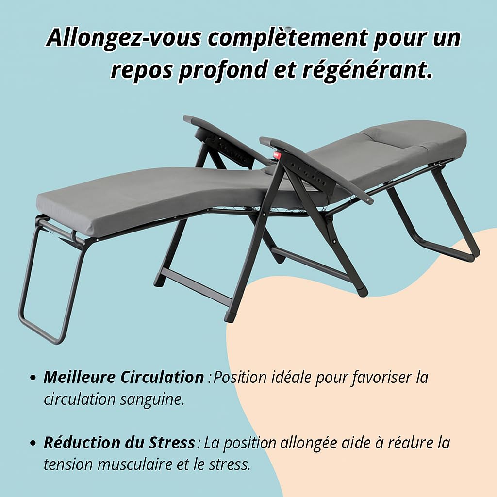 Tomaino - Chaise longue rembourrée extérieure intérieure avec repose-pieds - Fauteuil relax inclinable jusqu'à 180° - Coussin doux pliable pour maison, jardin, balcon (gris)