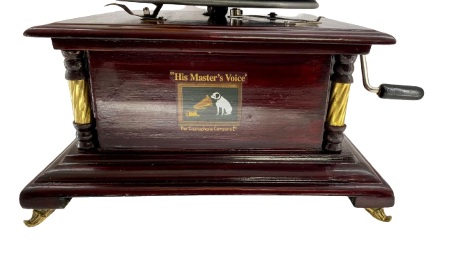 Grammofono con tromba in ottone HIS MASTER'S VOICE riproduzione quadrato con inserti dorati artigianato Made in Italy