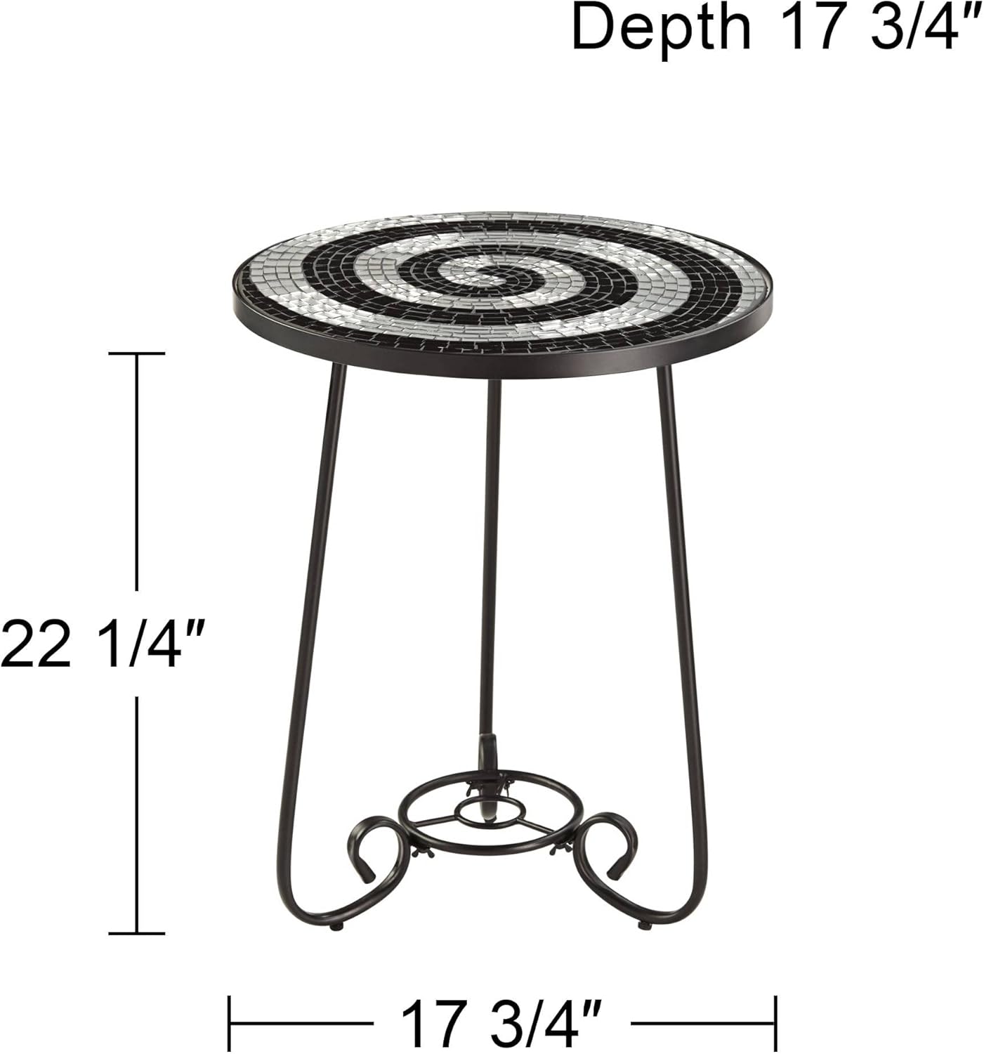 Teal Island Designs Spiral Modern Black Metal Round Outdoor Accent Side Table 17 3/4" Wide Black White Mosaic Tile Tabletop Gracefully Curved Legs for Spaces Porch Patio Home House Balcony Deck