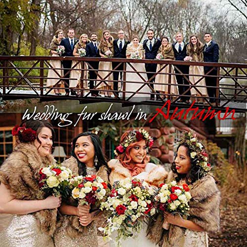 Aukmla Women's Brown Faux Fur Shawl Wedding Fur Wraps and Shawls Bridal Fur Stoles Scarf with Rhinestones Brooch for Bride and Bridesmaids (A-Brown, US 16-22 (L-2XL))