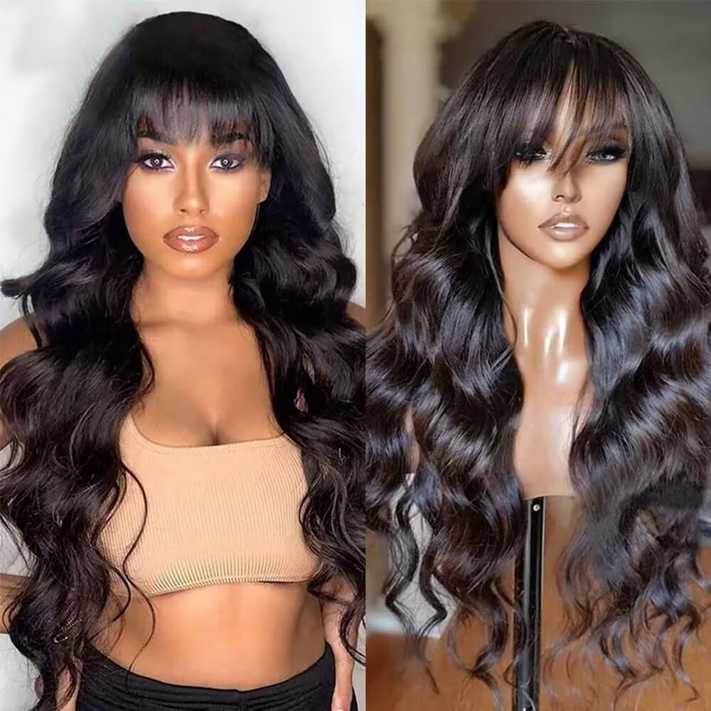 Parrucca da donna brasiliana naturale del corpo dell'onda umano dei capelli con frangetta 22 pollici parrucca senza colla capelli umani con frangia senza pizzo parrucca brasiliana con frangia senza