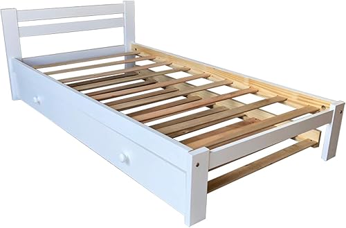 Amazonas - Cama individual blanca con nido de madera, tamaño individual, madera de pino maciza y listones de madera dura, soporte para cama de