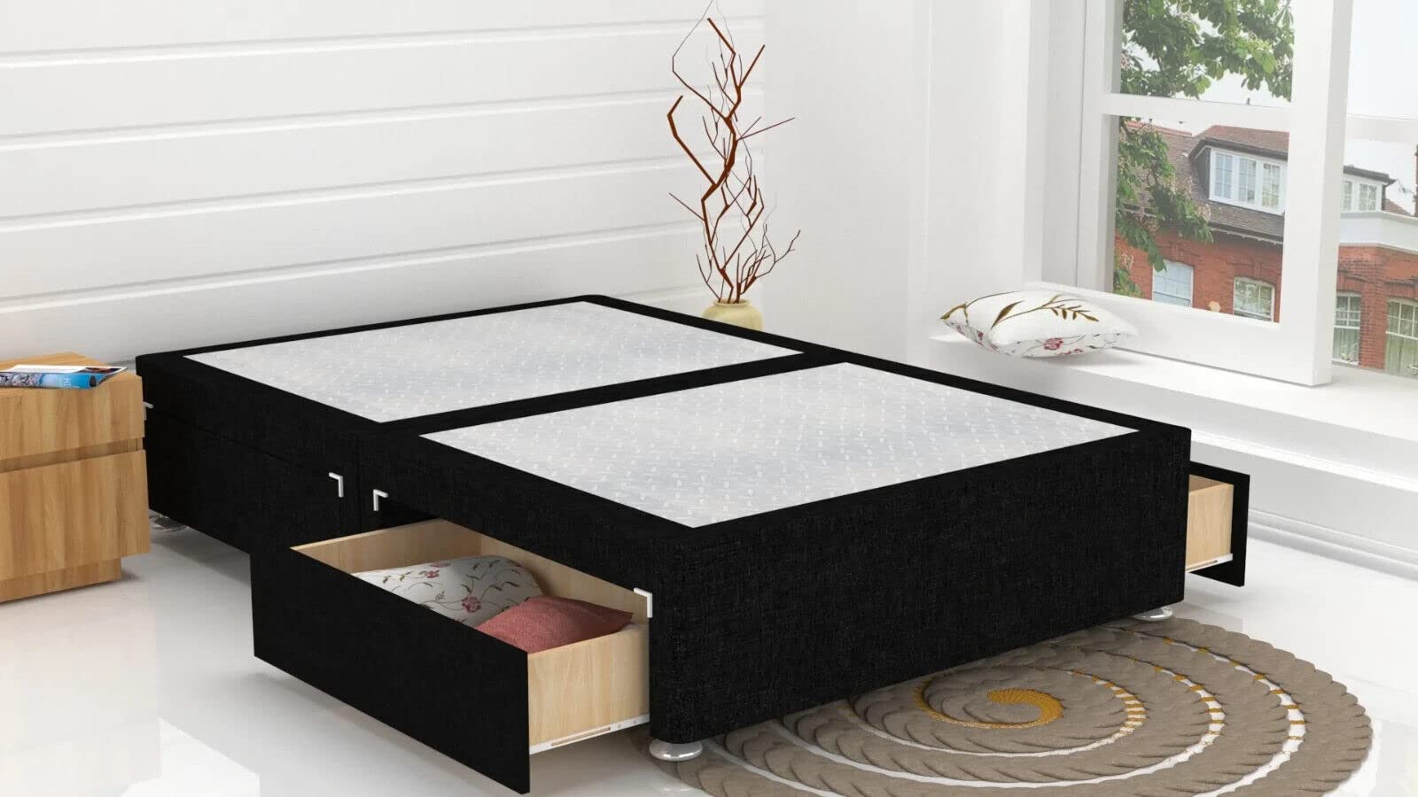 GHOST BEDS Divan Reinforced Platform Base with 2 Drawers Same Side *Colours Available (Black Leather, 4ft Small Double)