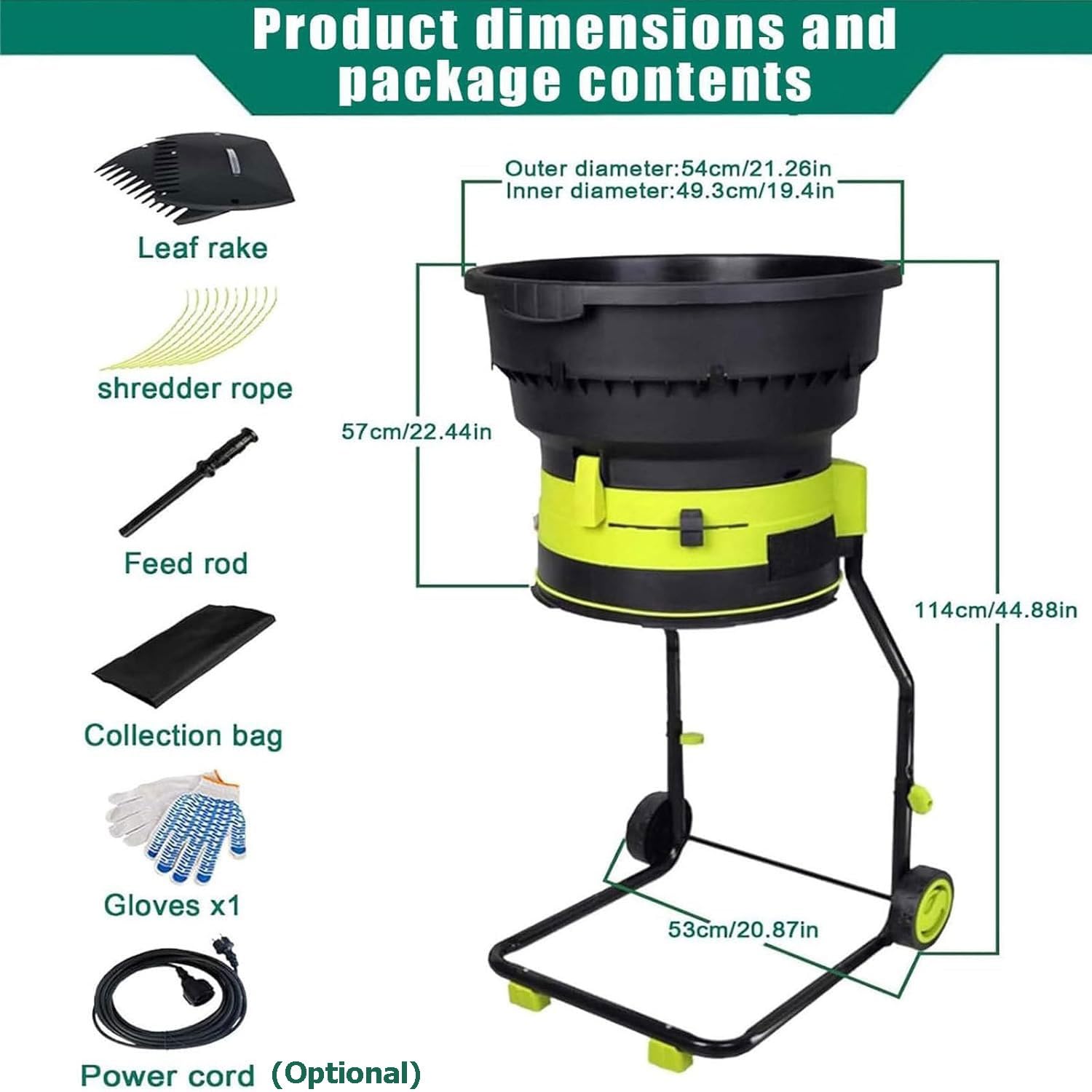 Trituradora eléctrica de hojas, trituradora de jardín de 2500 W con bolsa de almacenamiento y rastrillo de hojas, velocidad de trituración de 8000 RPM 17:1, máquina de compostaje con ruedas para