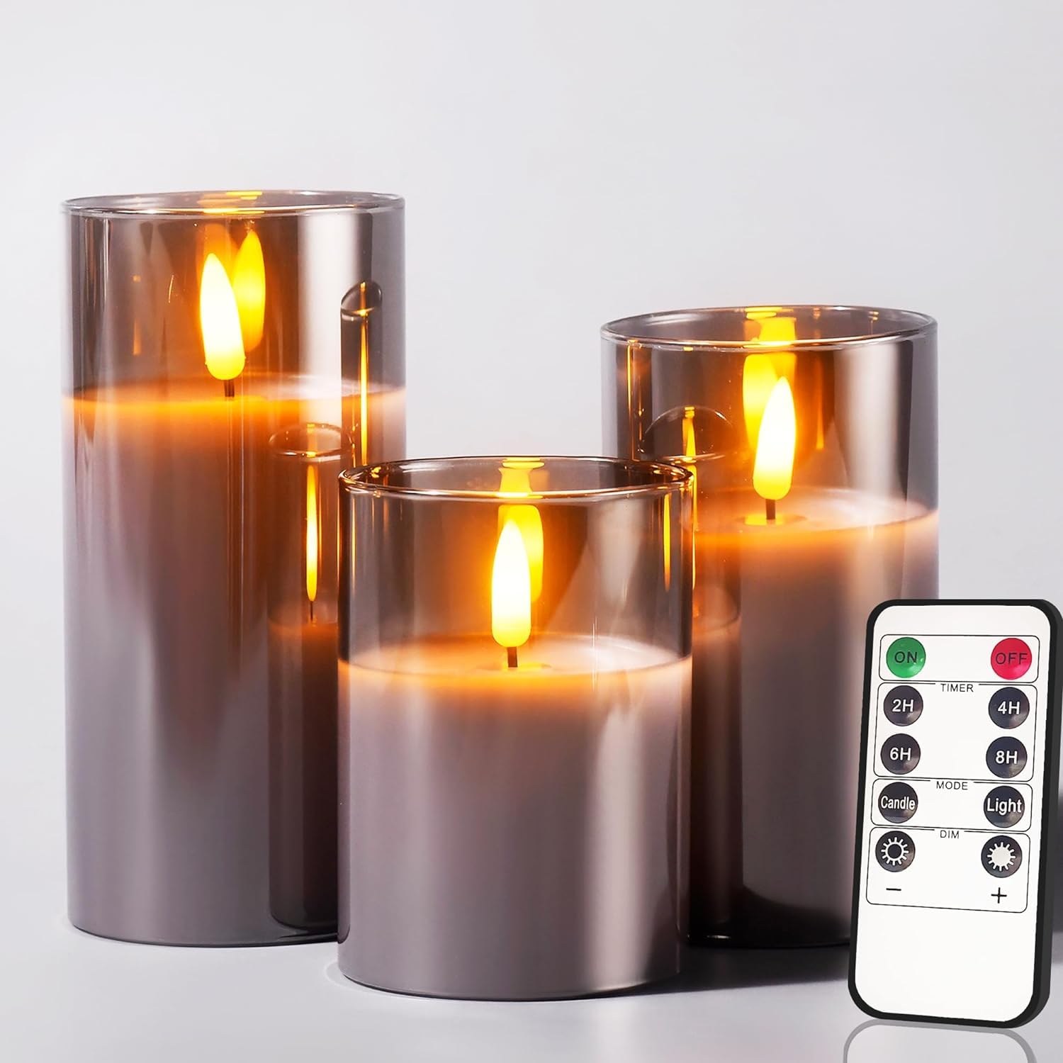 GTTFAE Glass Grey Real Wax LED Candles Flickering with Remote & Timer, Fake Candles Flickering Light
