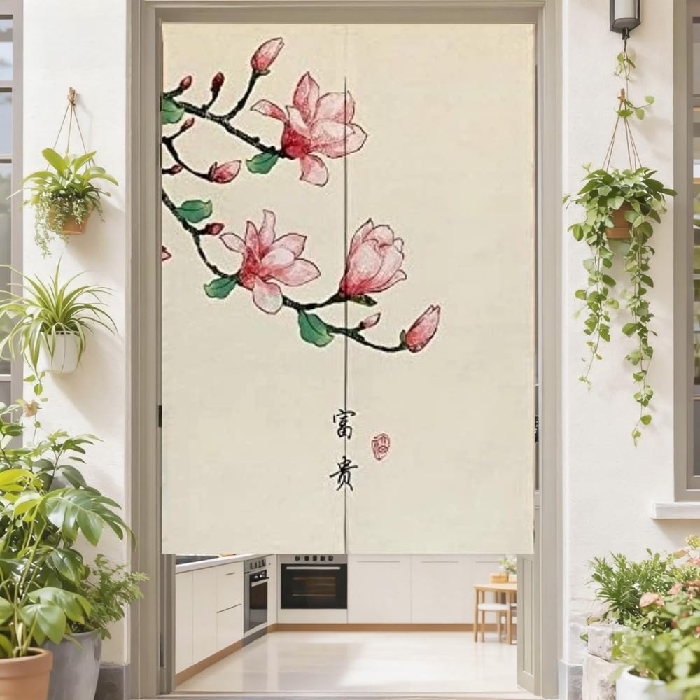 MYRU Kitchen Bedroom Partition Noren Japanese Curtain - Doorway Feng Shui Curtain (Flowers, 33 by 55 Inch)