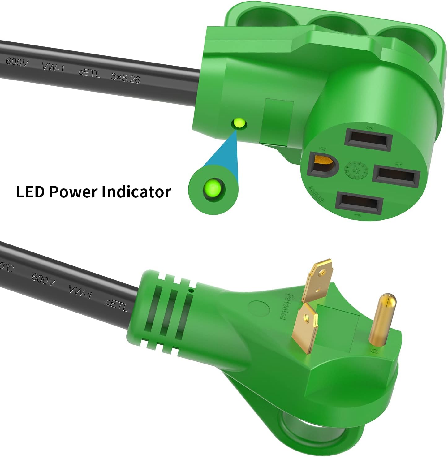 RVGUARD 30 Amp to 50 Amp RV Adapter Cord 12 Inch, TT-30P Male to 14-50R Female, Dogbone Electrical Converter with LED Power Indicator and Disconnect Handle, Green : Automotive