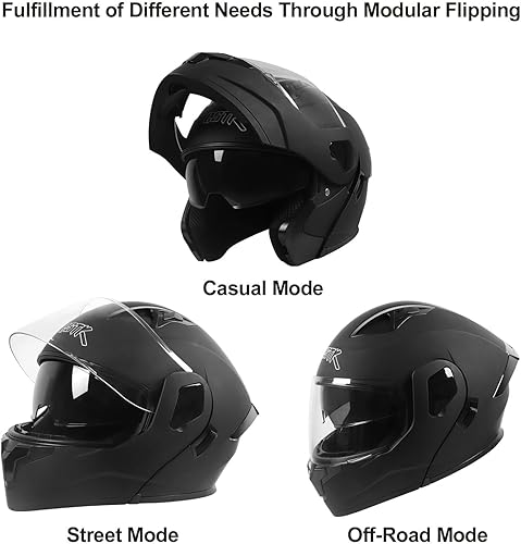Miniatura 8 de SPARK Casco modular con visera doble abatible aprobado por DOT para motocicleta de cara completa para adultos hombres y mujeres (Negro, Pequeño)