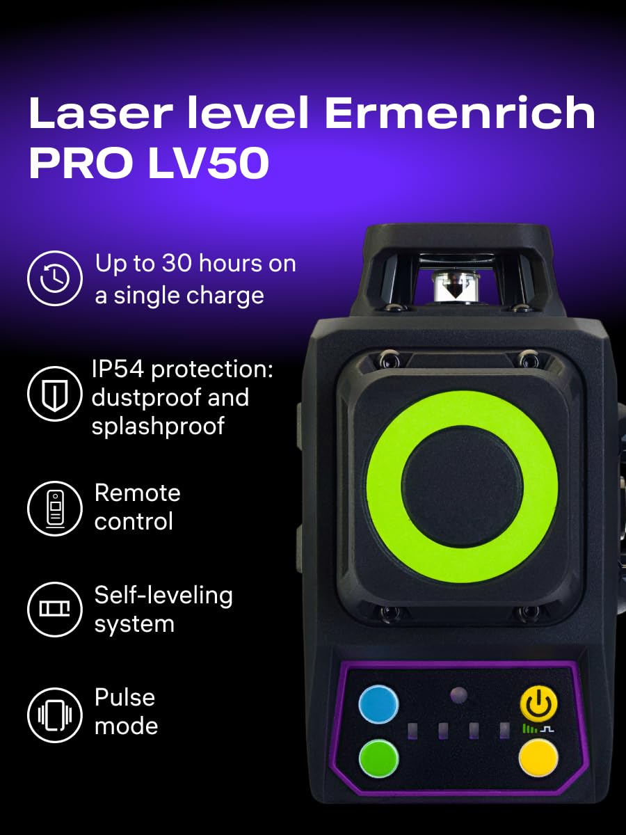PRO LV50 Livella Laser Verde Autolivellante Modalità Impulsi 30 m 3D 12 Linee — 360° — IP54 Telecomando Ricaricabile Base Treppiede Piastra Bersaglio Staffa Tipo C Inclusa