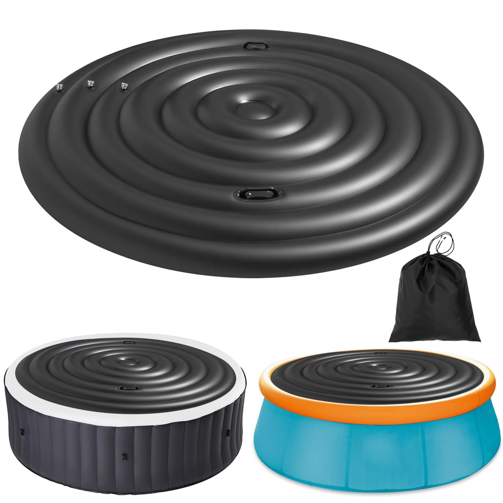 4-6FT Inflatable Hot Tub Cover Round with Handle,Adjustable Inflatable Lid With 3 Inflatable Separate Chambers,Round 128/155/175cm 3 Sizes Hot Tub Lid Energy Saving Spa Lid (black)