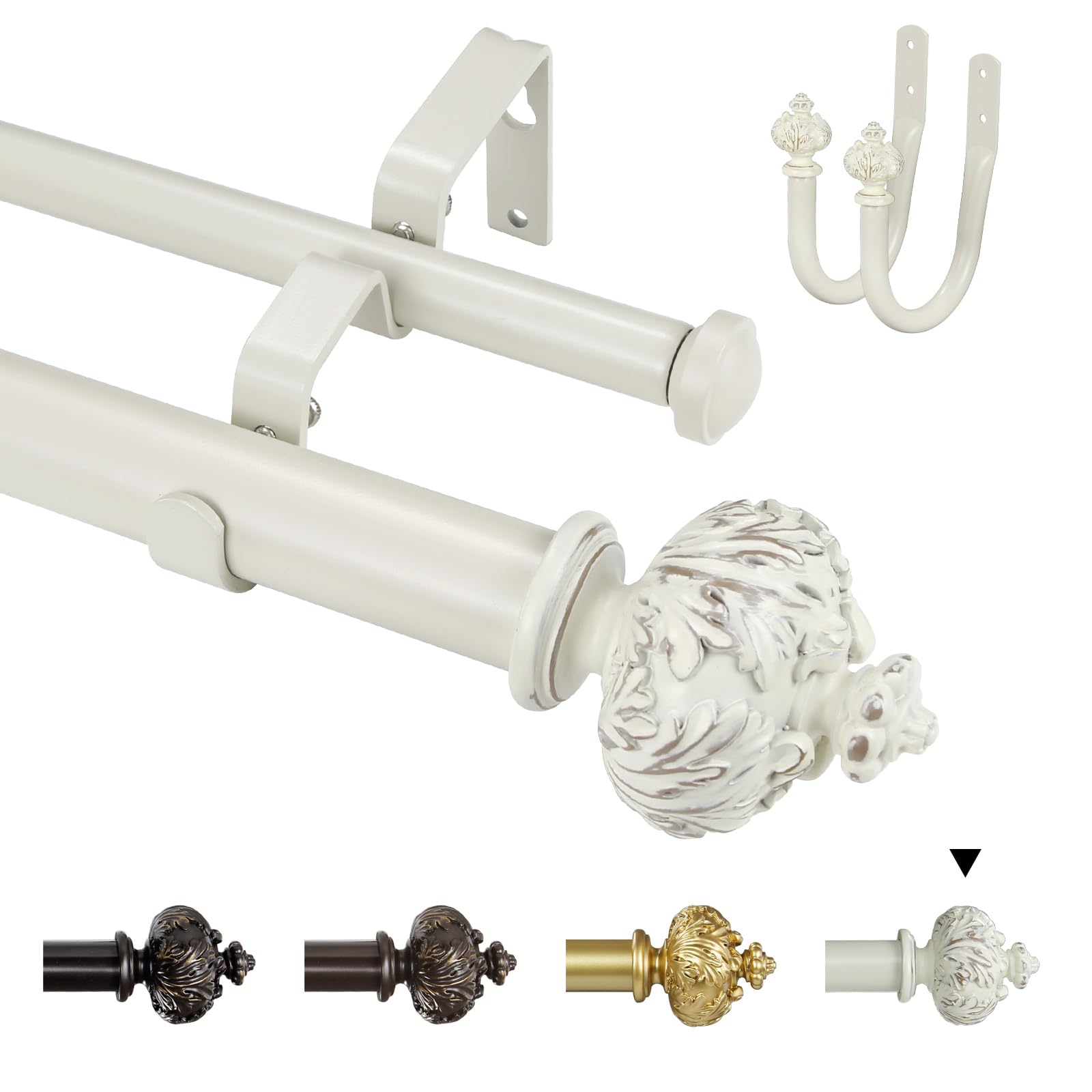 Weathered White（+Holdbacks） Double Curtain Rod With Albert Finials, 1 Inch Diameter, Adjustable Length 28-48, 48-84, 84-120 Inches (, 213-304 Cm)
