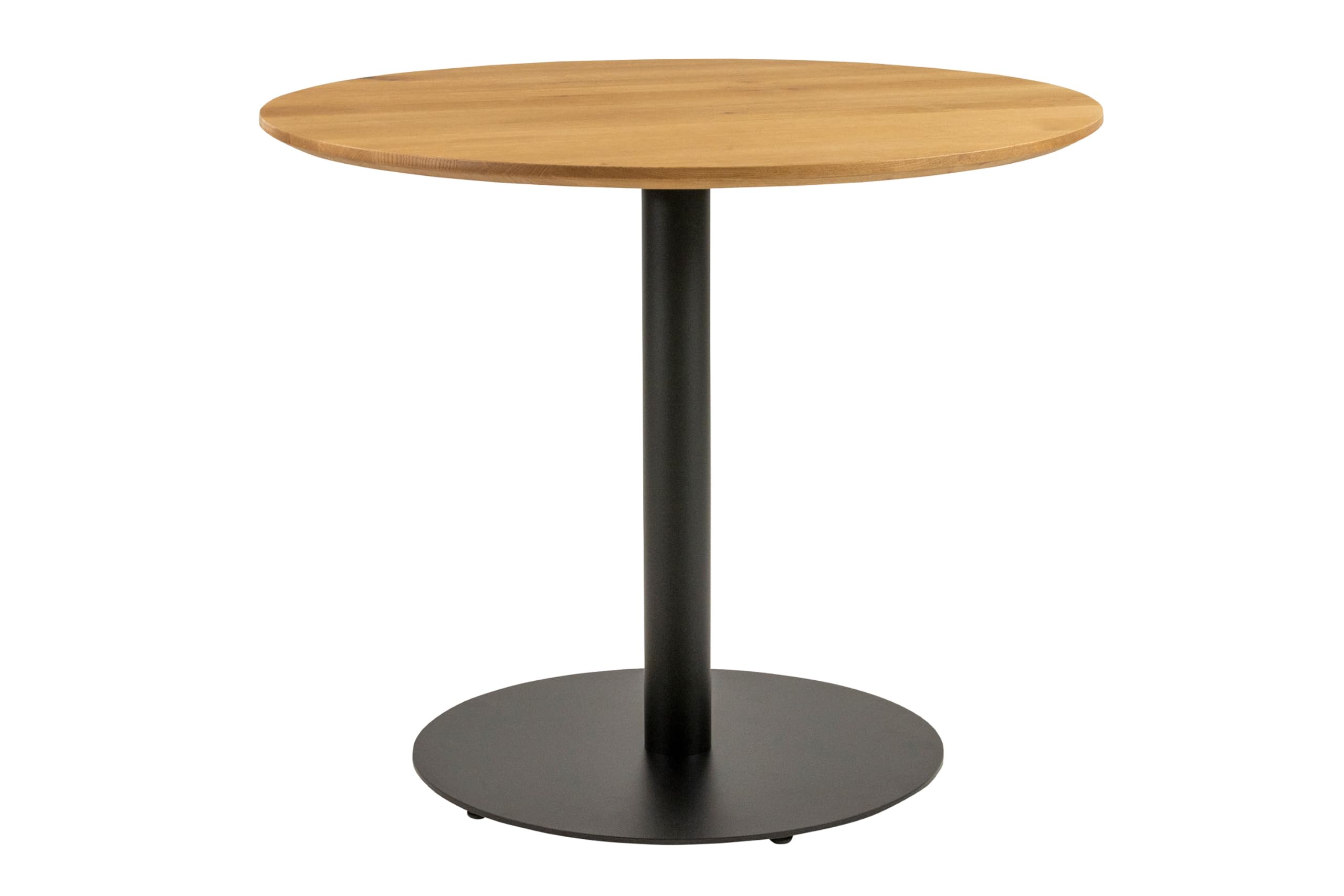SAM Runder Bistrotisch Brasilian | 110 x 110 cm | Eichenholz massiv | Wildeiche geölt | Schweizer Kante | Säulen-Gestell Metall Schwarz | Holztisch/Säulentisch/Esstisch für Küche & Café