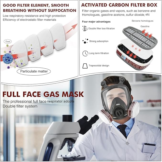 Masque à gaz complet avec filtre à charbon actif de 40 mm et filtres 6001CN, masques à gaz contre la poussière, la peinture, le polissage, la soudure, la vapeur organique, les produits