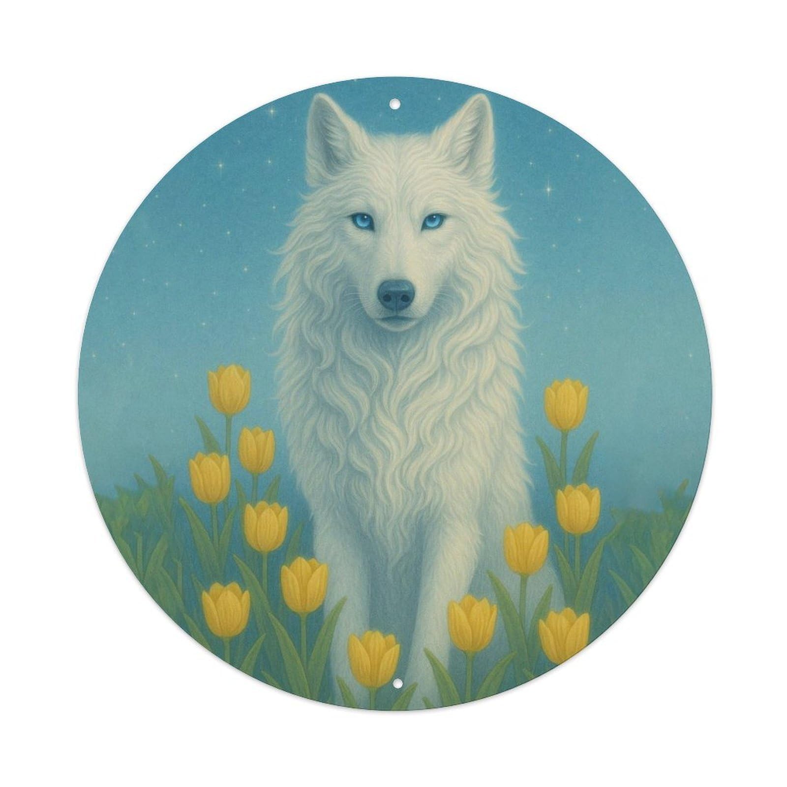 Animal Arctic Wolf Yellow Tulip Night Starry Sky Vintage Style Vintage Metal Tin Sign Plaque Wall Decor for Cafe, Club Bar, Office, Garden Metal Poster 8x8Inch