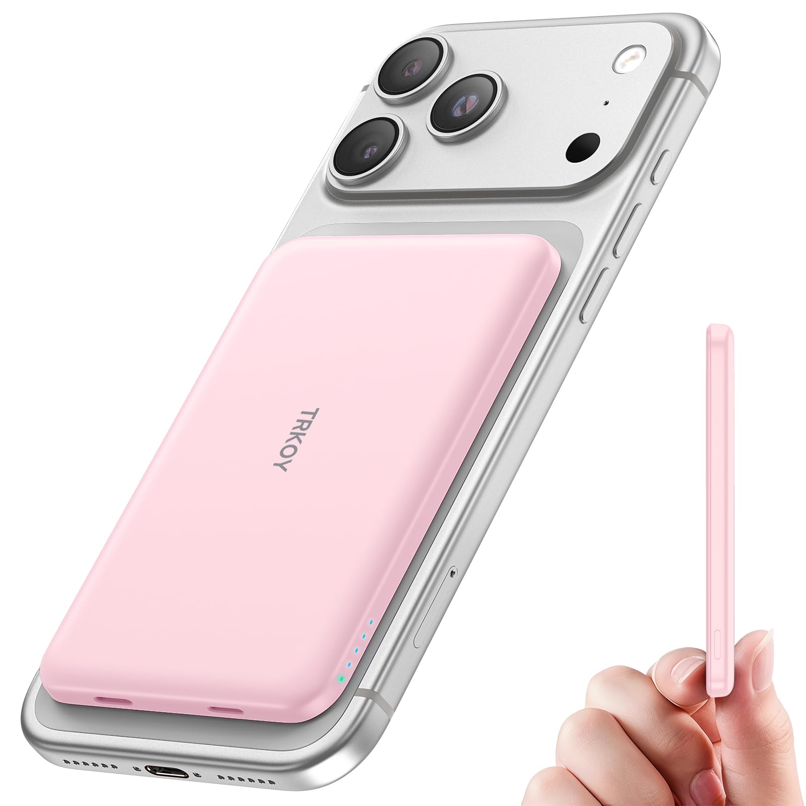 Powerbank für Magsafe, TRKOY Slim Magnetische Power Bank für iPhone 5000mAh, Schnellladung Kabellose Powerbank mit USB-C Ausgang, Externe Handyakkus für iPhone 17/16/15/14/13/12 Serie, Rosa
