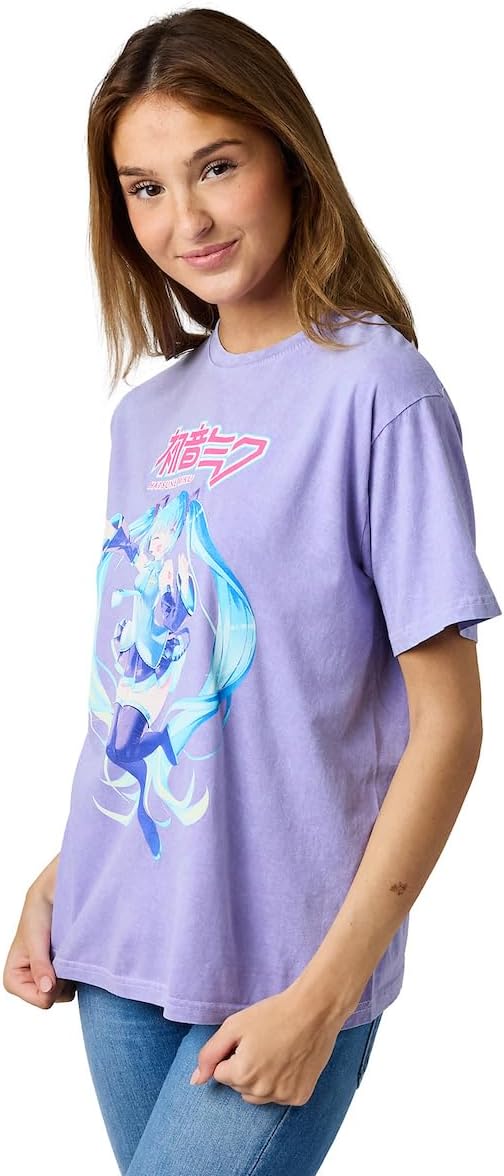 Hatsune Miku Character Logo Women's Purple Mineral Wash Crew Neck Short Sleeve T-Shirt - Image 3