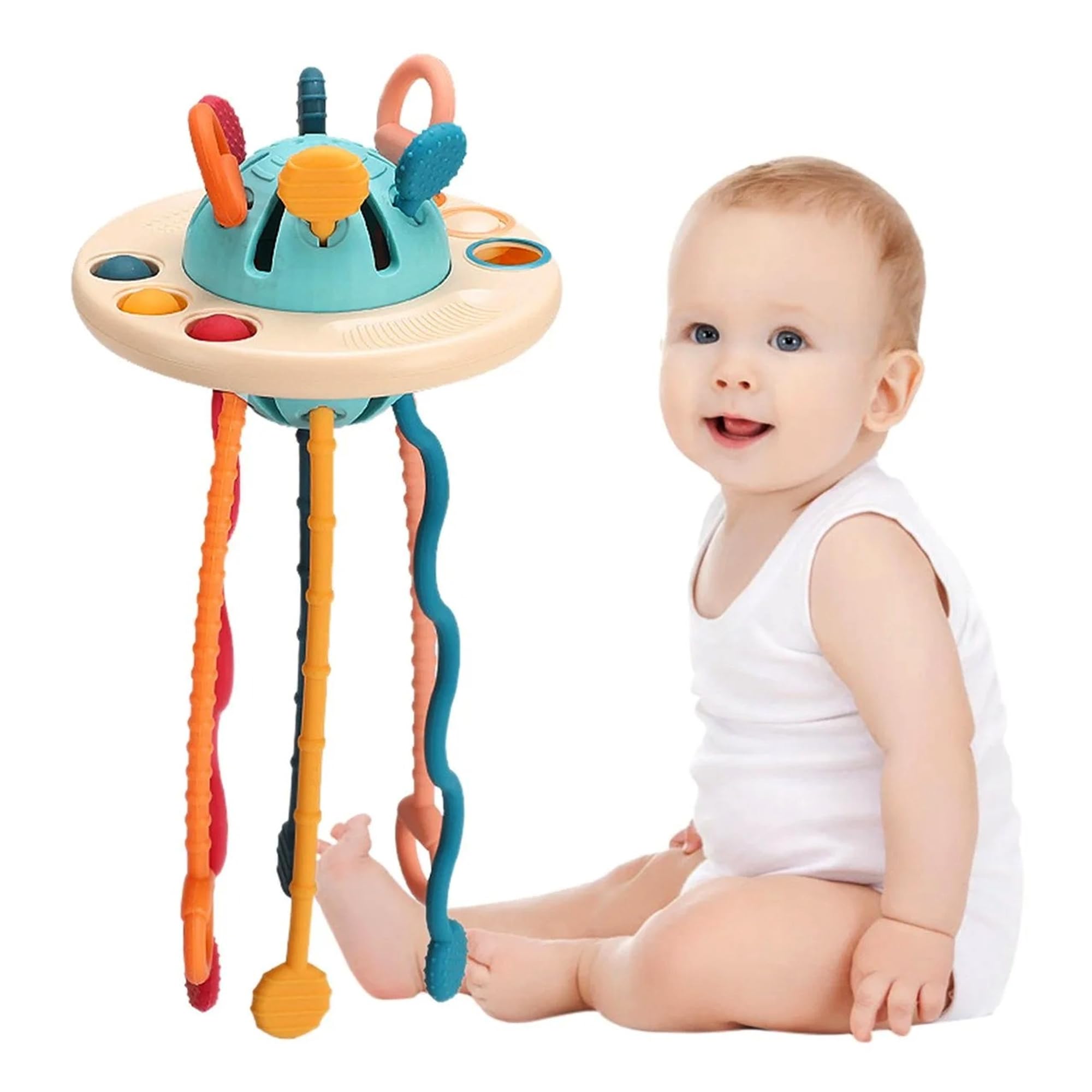 VIVATRA Montessori Teething Toy Set for Toddlers – Food-Grade Pull String, Perfect for 6+ Months Babies, Boys & Girls, Learning & Skills Development Toys, Travel-Friendly (UFO, Blue)-image-37