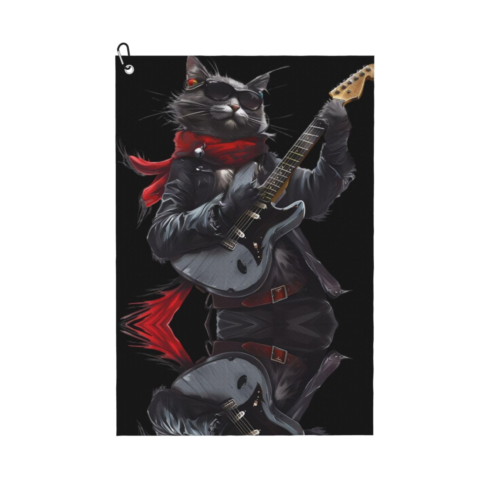 peiyeety Rock Cat Playing Guitar Microfiber Golf Towel with Carabiner Clip, 16x24 Inch Absorbent Waffle Weave Towel for Golf Bags